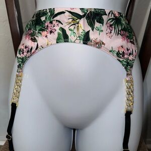 Victoria's Secret Pink Floral Garter Belt with Gold Chain Accents